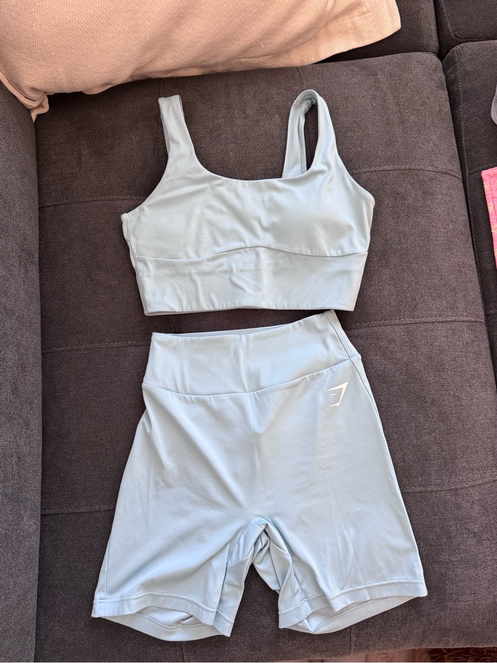 Gymshark Pale Blue Scoop Sports Bra and High-Waist Bike Shorts Set